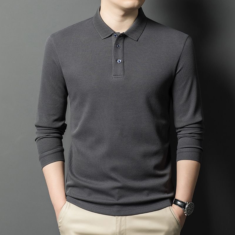 双层珠地棉纯色翻领Polo衫中青年商务休闲长袖t恤男百搭上衣男装