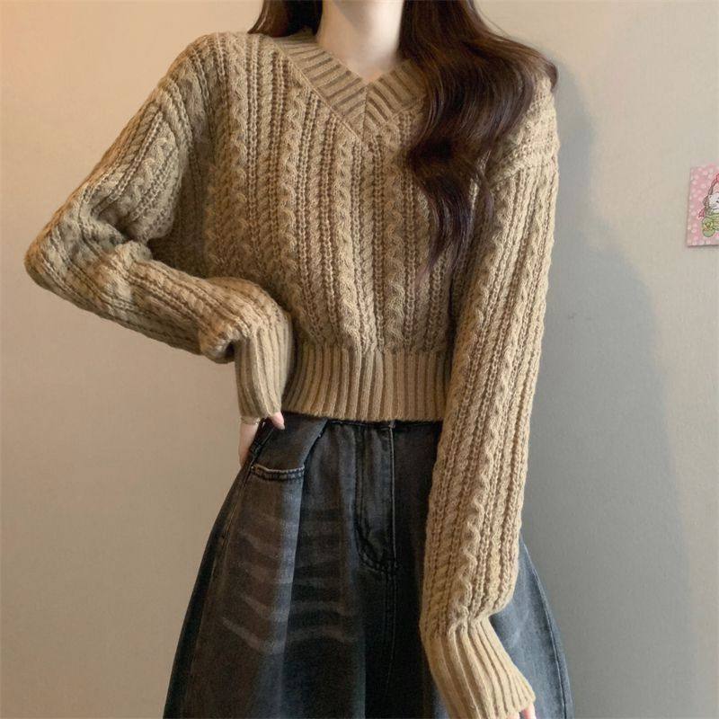 秋季新款麻花针织衫慵懒风毛衣设计感小众短款v领长袖上衣女,女装/女士精品,毛衣,淘宝优惠券,粉丝福利购,淘宝优惠卷