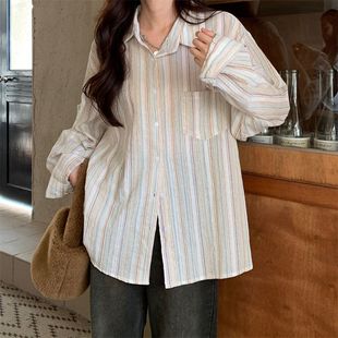 ins慵懒风bf温柔法式 新款 女春秋薄款 条纹衬衫 衬衣上衣服 长袖