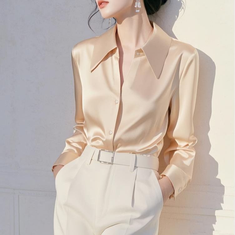 2025早春今年流行职业内搭上衣法式独特绝美高级感杏色长袖衬衫女