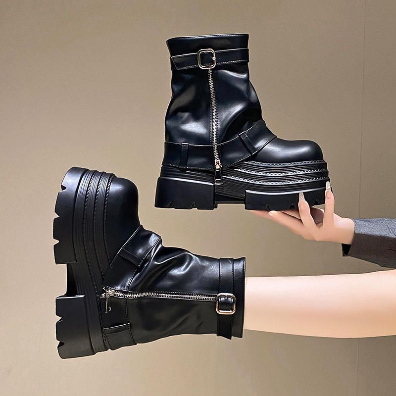 辣妹风10cm增高松糕裤管短靴女秋冬新款美拉德西部牛仔厚底马丁靴