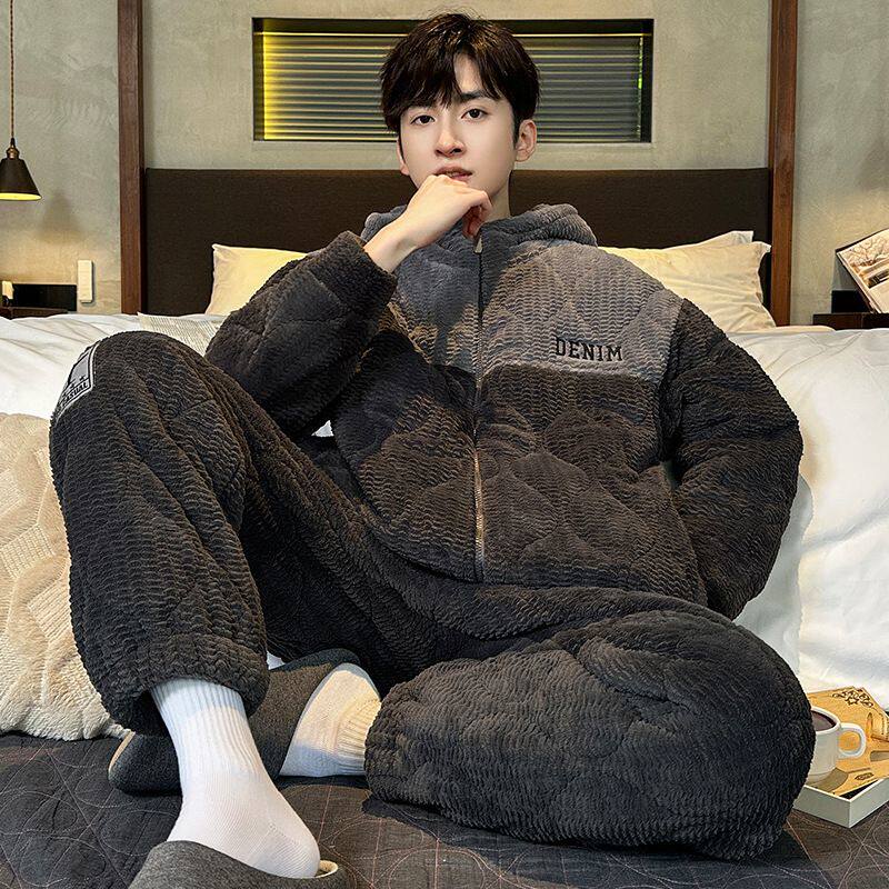 睡衣男冬季加厚加绒三层夹棉珊瑚绒保暖套装青年家居服可外穿冬款