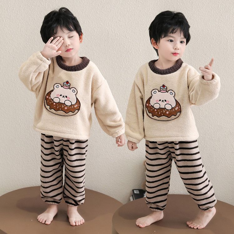 儿童法兰绒睡衣秋冬款男童加绒加厚家居服宝宝冬装保暖珊瑚绒套装