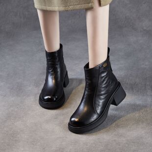 头层牛皮粗跟切尔西靴女2025秋冬新款厚底皮靴增高加绒保暖短靴子