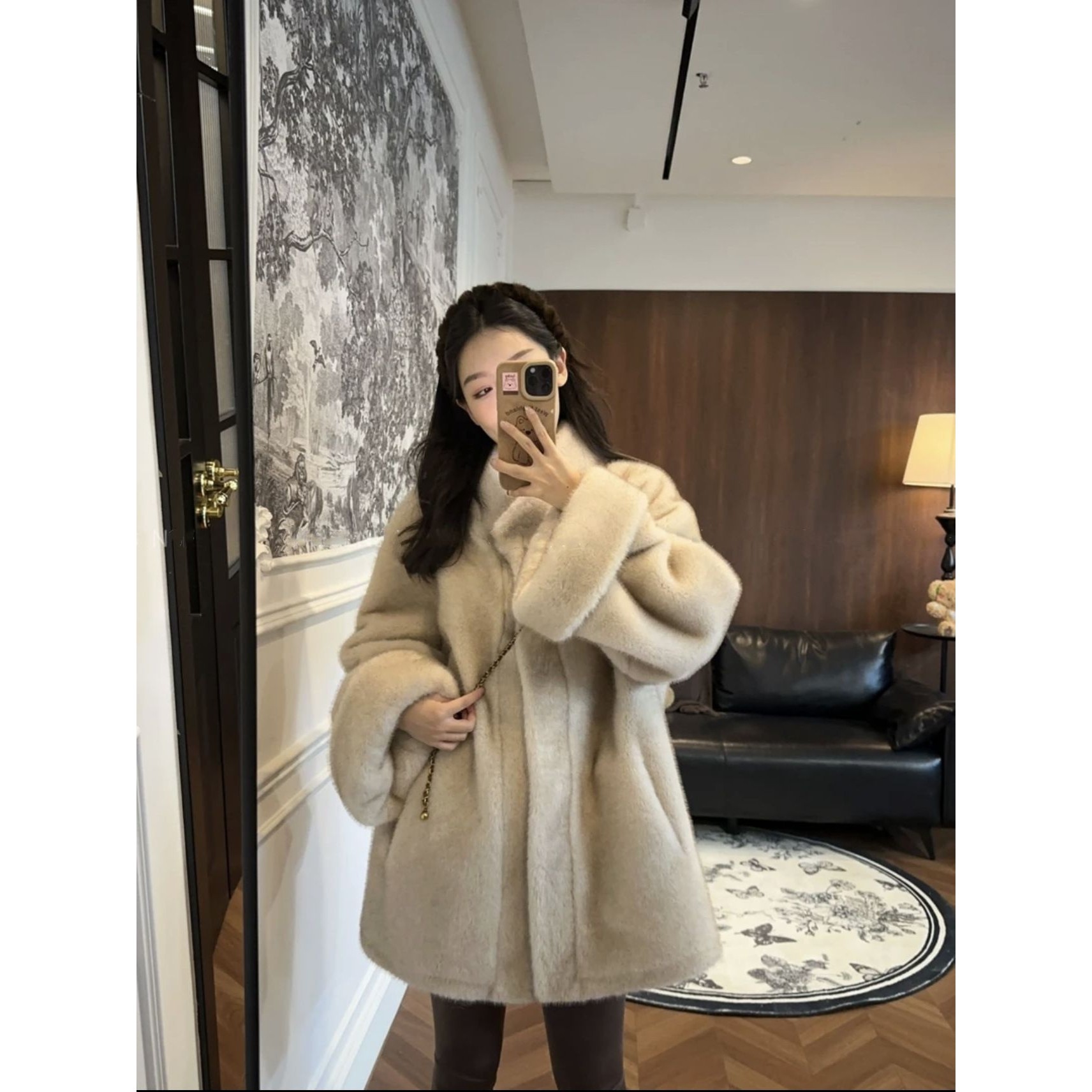 水貂毛绒中长款立领皮毛一体韩版挽袖中古双色皮草冬季毛毛外套女