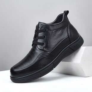 头层牛皮棉鞋男冬加绒加厚真羊毛父亲中老年真皮保暖皮鞋雪地靴黑