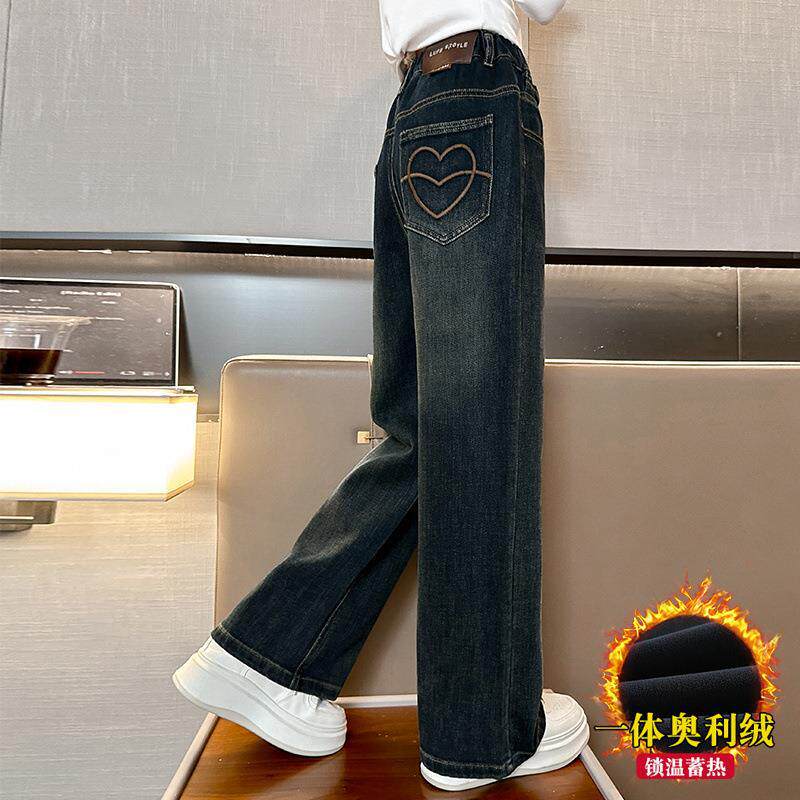 女童秋冬款阔腿裤秋装加绒中大童牛仔裤秋季女孩秋冬儿童黑色裤子