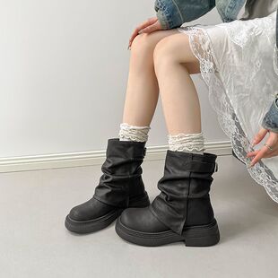 靴子女2025秋冬款时装靴堆堆靴套筒黑色圆头粗跟厚底短靴裤管靴女
