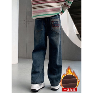 女童加绒阔腿牛仔裤秋冬新款儿童中大童一体加厚冬季棉裤女孩