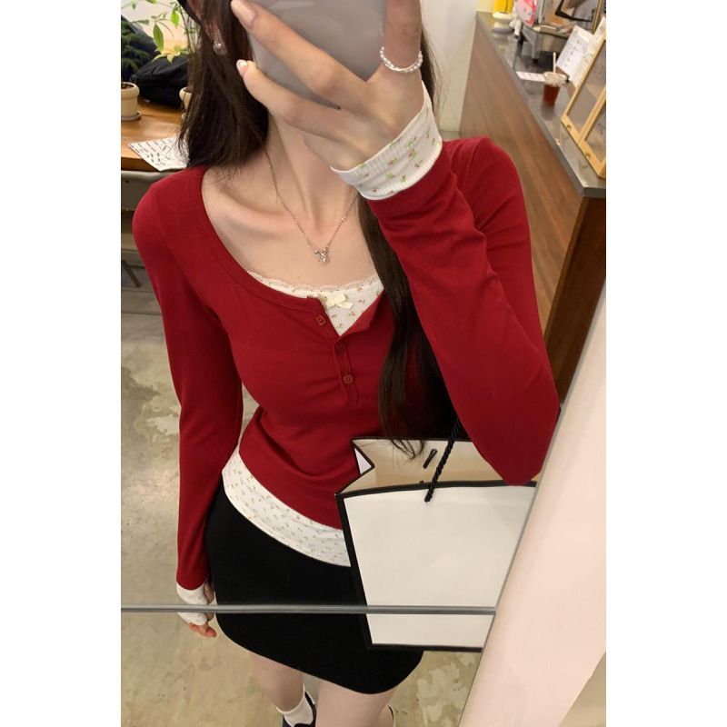 实拍图纯欲碎花假两件内搭打底衫女新款长袖T恤u领别致上衣