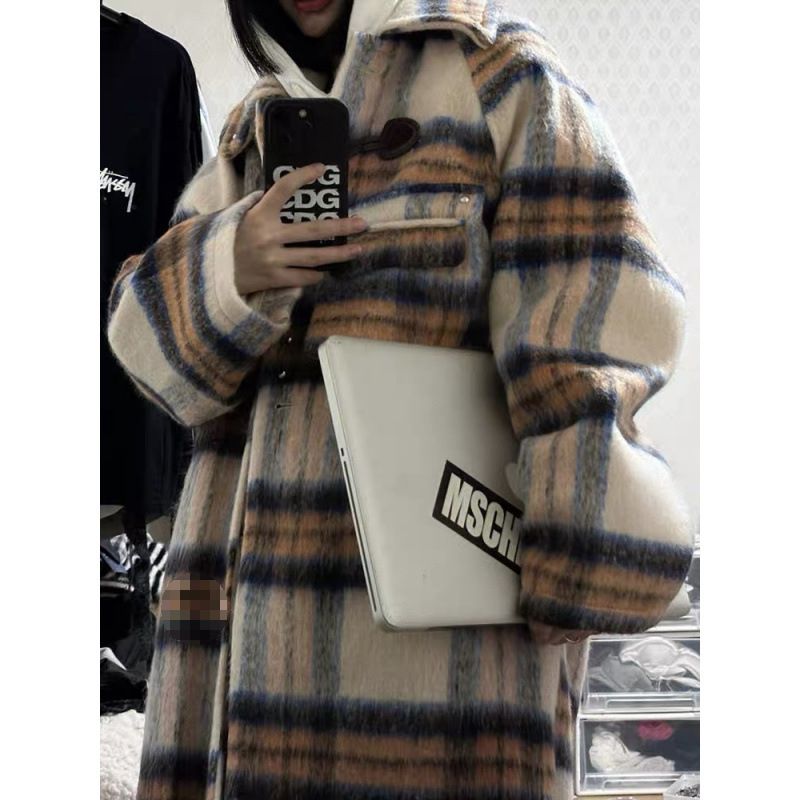 牛角扣毛呢格子外套女秋冬复古设计感小众加厚中长款过膝妮子大衣