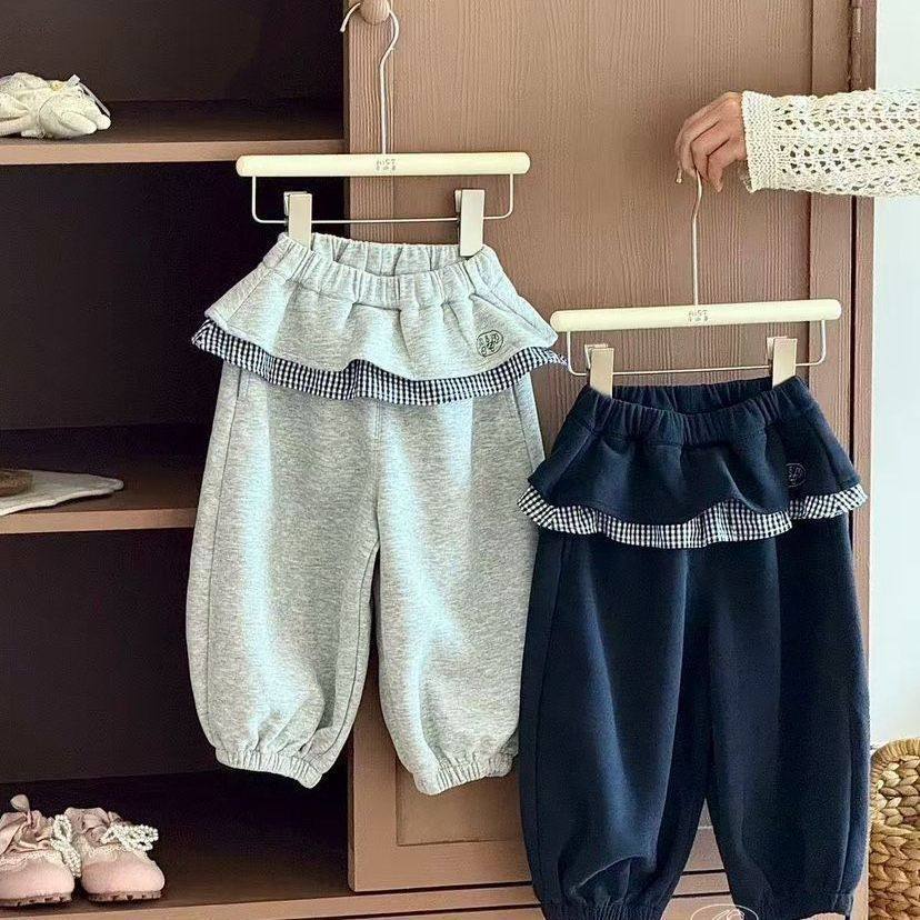 春秋女童装休闲裤宝宝洋气儿童个性潮韩版格子假两件屁帘运动卫裤