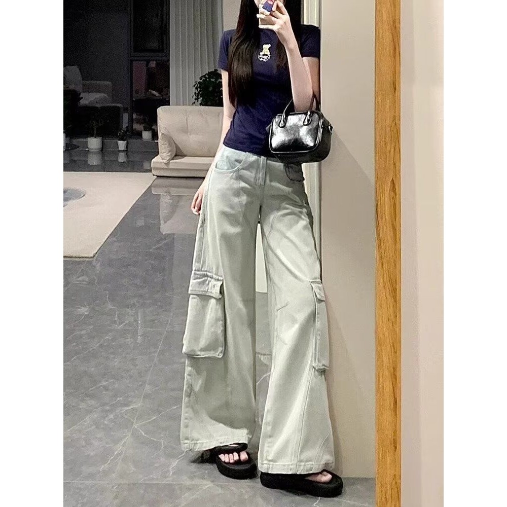 大口袋阔腿直筒工装高腰牛仔裤女秋冬新款时尚复古百搭长裤子,女装/女士精品,大码裤装,淘宝优惠券,粉丝福利购,淘宝优惠卷