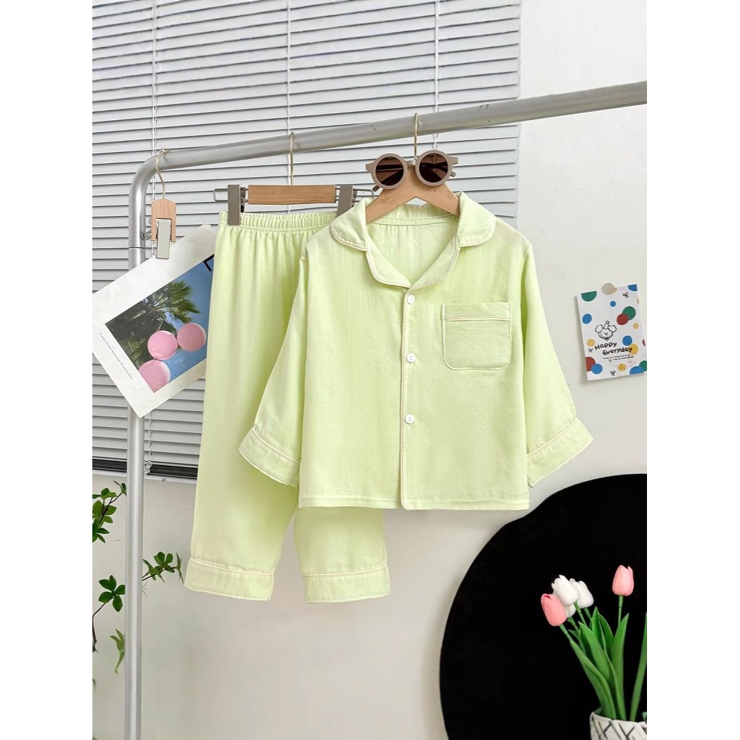 儿童春夏睡衣套装男童女童翻领家居服宝宝长袖两件套网纱纤维宽松