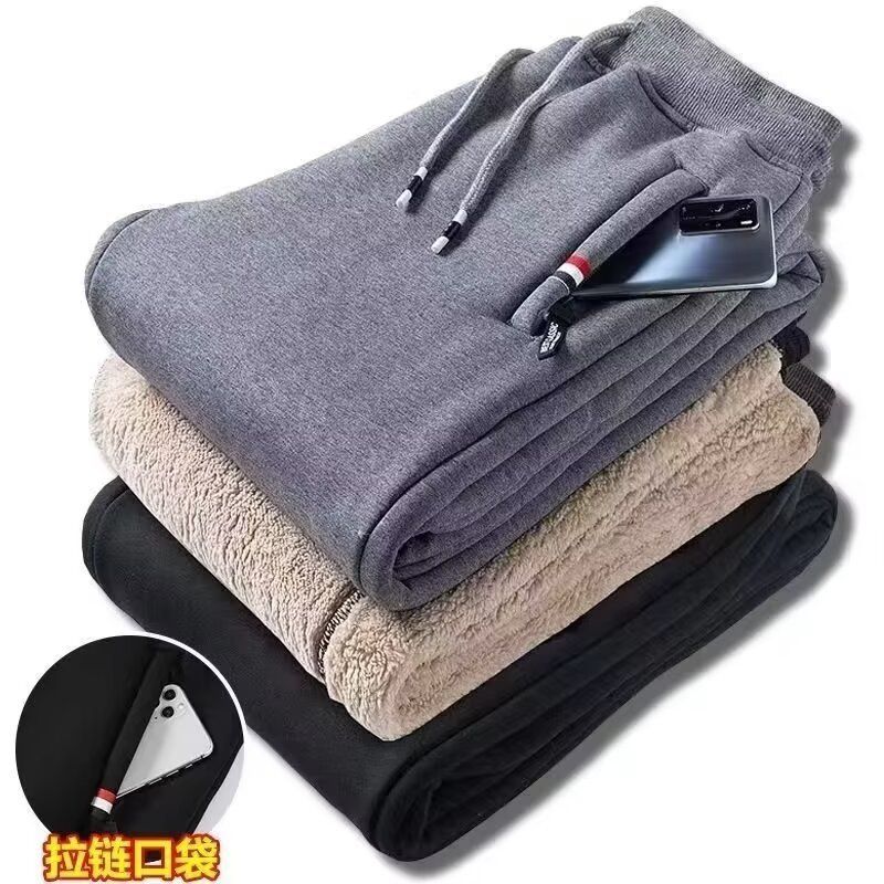 冬季男士加绒加厚裤子冬款男宽松大码束脚卫裤保暖羊羔绒休闲长裤