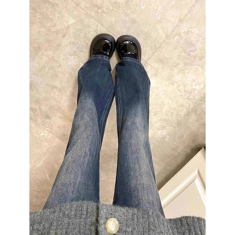 不贴腿加绒微喇牛仔裤女秋冬季大码胖mm高腰遮胯梨形身材阔腿长裤