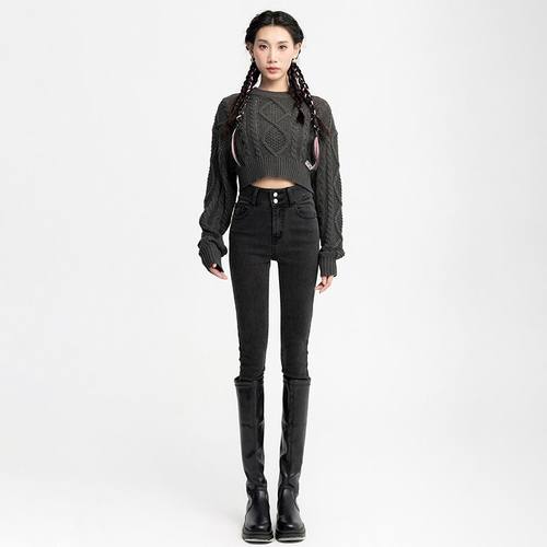 850双扣弹力高腰小脚牛仔裤女秋冬新款紧身裤铅笔牛仔裤显瘦