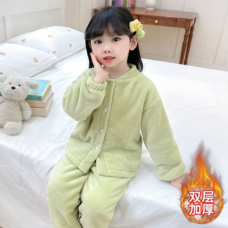 女童睡衣冬款双层加厚宝宝加绒法兰绒儿童女孩保暖家居服开衫套装