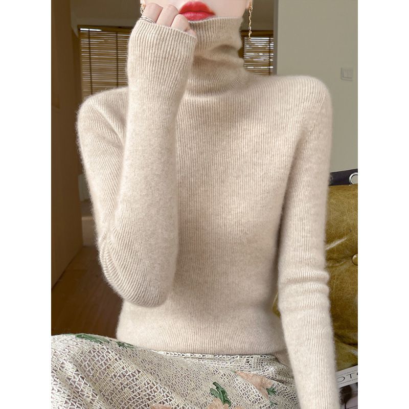 秋冬无缝一线成衣针织衫女内搭修身显瘦堆堆领毛衣安迪绒打底衫