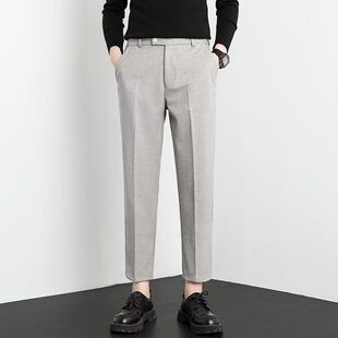 小西裤男九分修身直筒休闲裤男士高级垂感黑色毛呢西装裤子秋冬