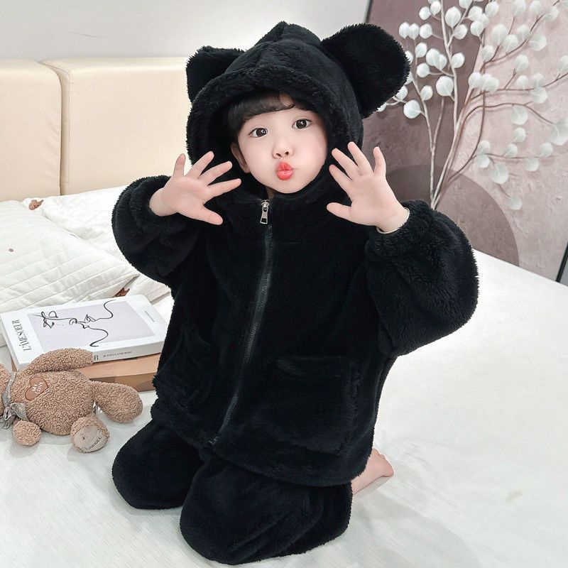 女童法兰绒睡衣秋冬连帽加绒套装儿童珊瑚绒开衫家居服小女孩冬装