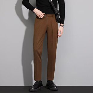 秋冬毛呢裤子男休闲潮流九分裤磨毛厚款直筒修身百搭长裤呢料西裤