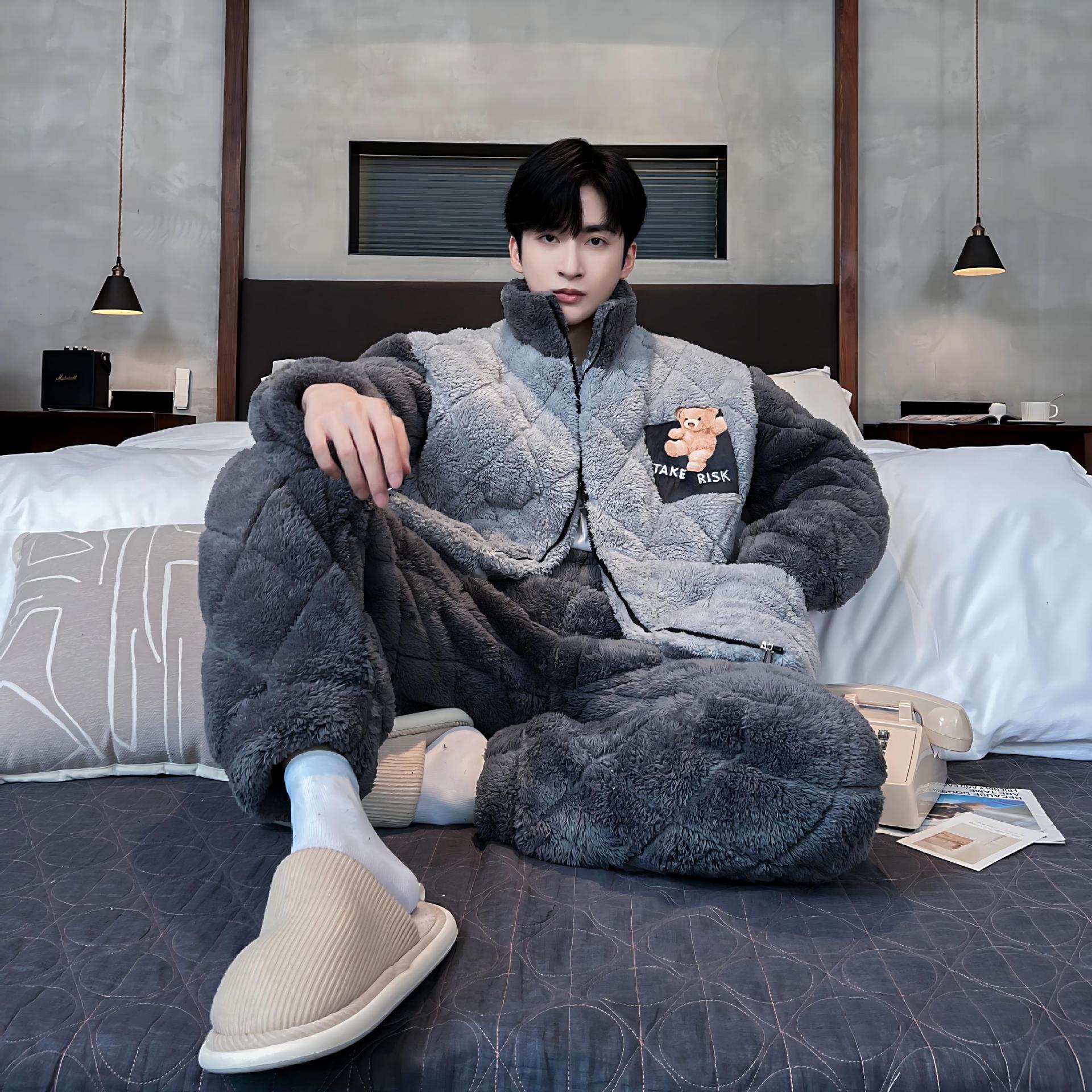 睡衣男冬季超厚三层加绒夹棉男士保暖珊瑚绒家居服棉袄可外穿套装