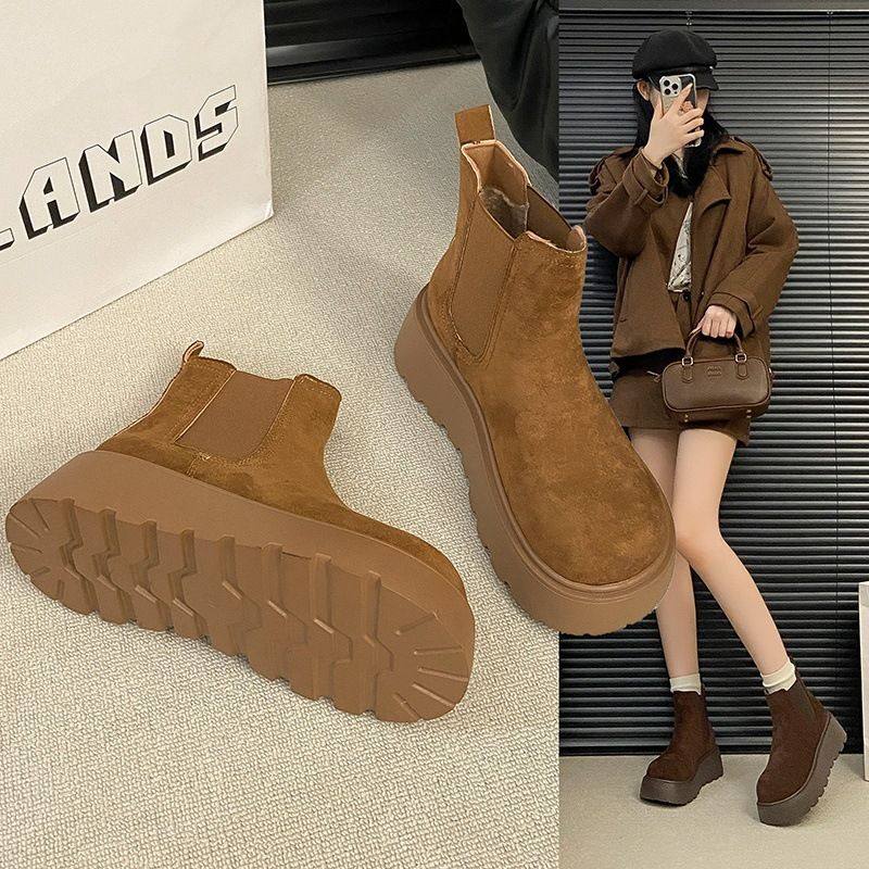 马丁靴女2025秋冬季新款松糕厚底切尔西短靴小个子高跟机车烟筒靴