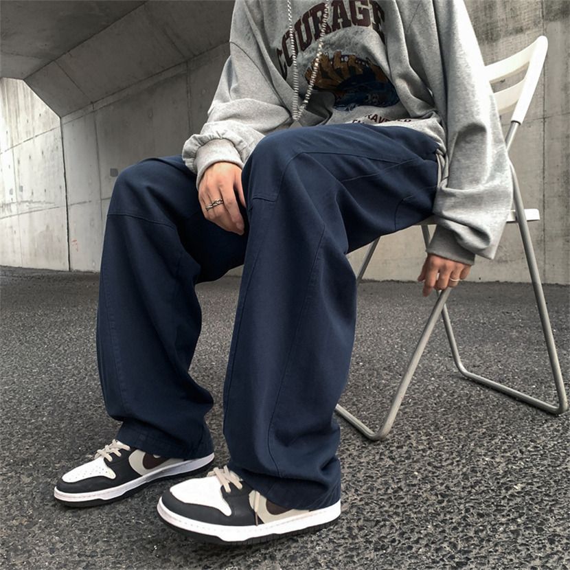 藏青色裤子男款春秋季薄款休闲裤直筒宽松运动工装裤阔腿男裤卫裤