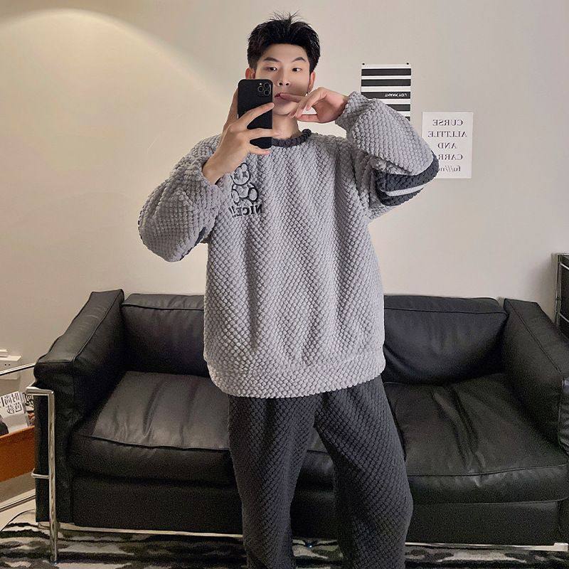 2025年新款法兰绒睡衣套装男秋冬季款加绒加厚珊瑚绒家居服可外穿