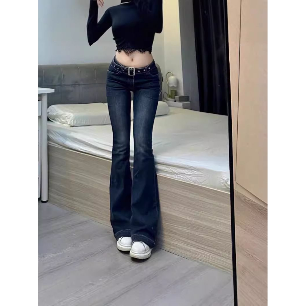 送腰带低腰修身复古港风微喇叭牛仔裤女秋冬显高显瘦弹力拖地裤子