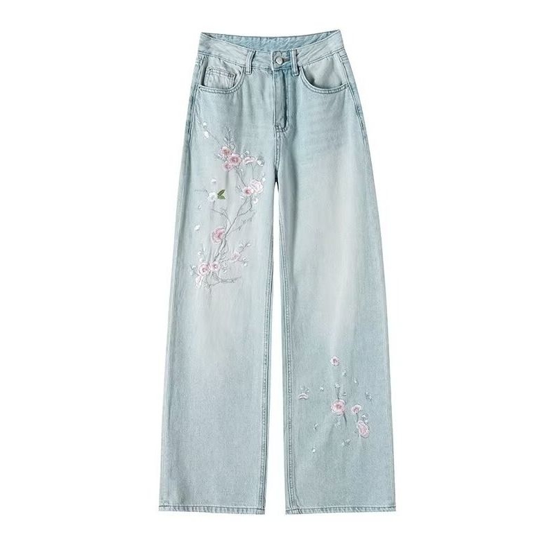 新中式国风刺绣阔腿牛仔裤女新款设计感小众宽松显瘦拖地裤子