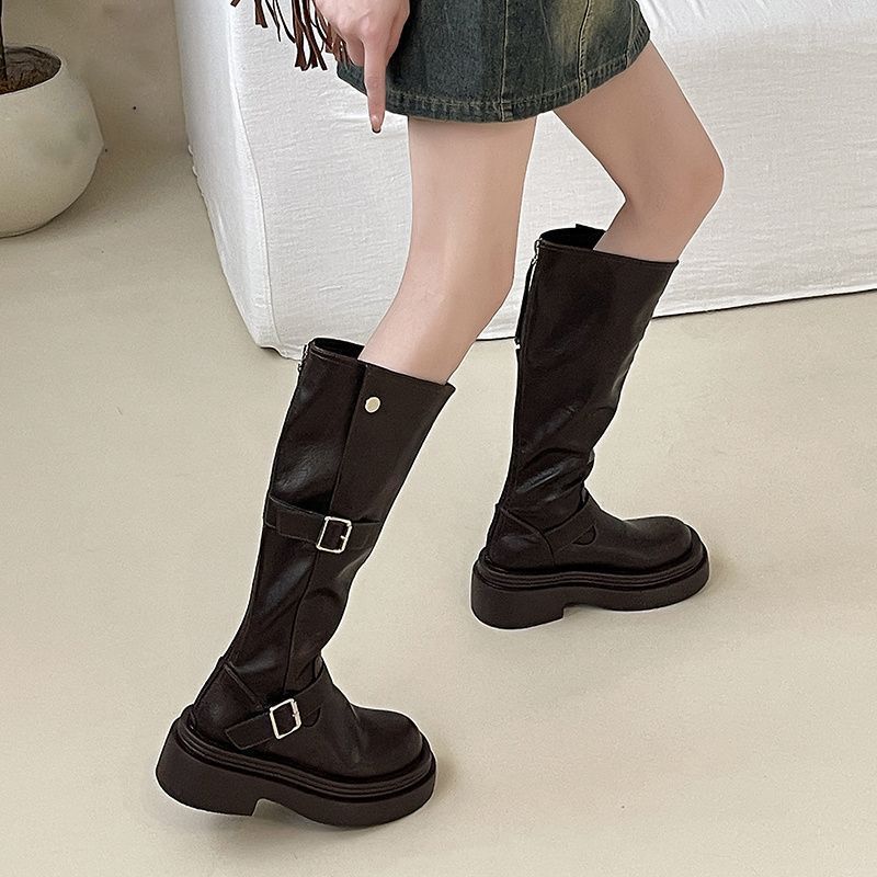百搭厚底欧美时装靴女2025秋新款不过膝高筒靴长筒骑士机车靴