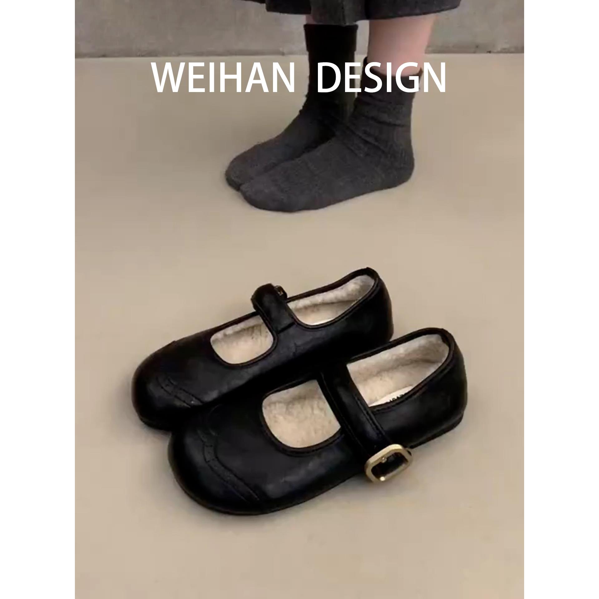 羊皮版~黑色浅口圆头单鞋女秋冬加绒保暖小皮鞋平底复古玛丽珍鞋