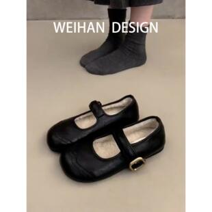 羊皮版~黑色浅口圆头单鞋女秋冬加绒保暖小皮鞋平底复古玛丽珍鞋