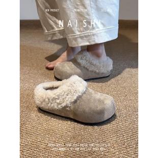 羊皮版！复古勃肯鞋内增高厚底毛绒包头半拖鞋休闲保暖羊羔毛毛鞋