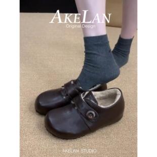 羊皮版~复古圆头加绒勃肯鞋女冬季内增高棉鞋一脚蹬毛毛鞋小皮鞋