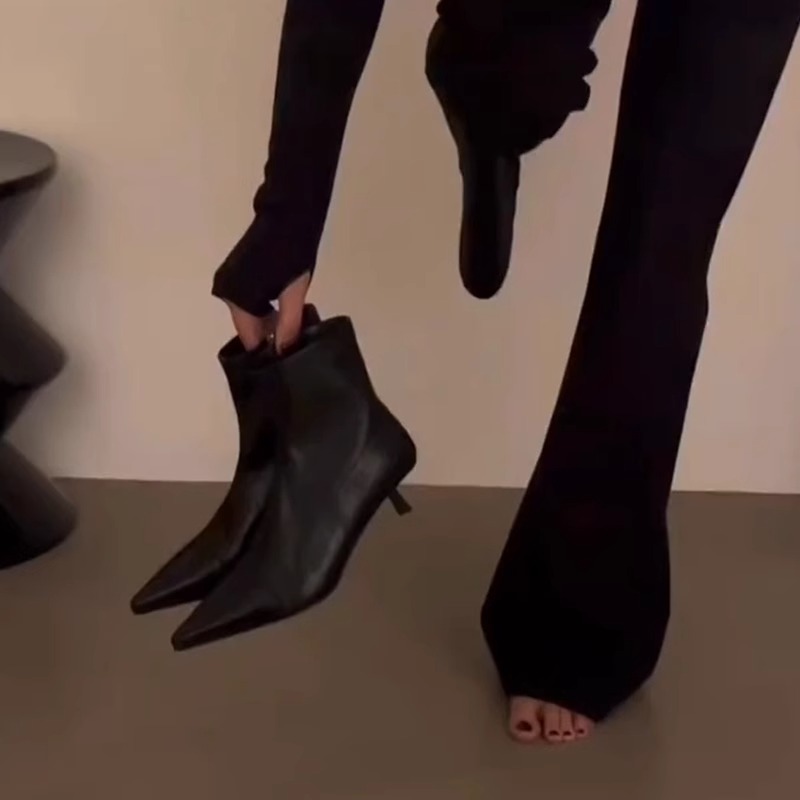 牛皮版！黑色高跟短靴女气质显瘦