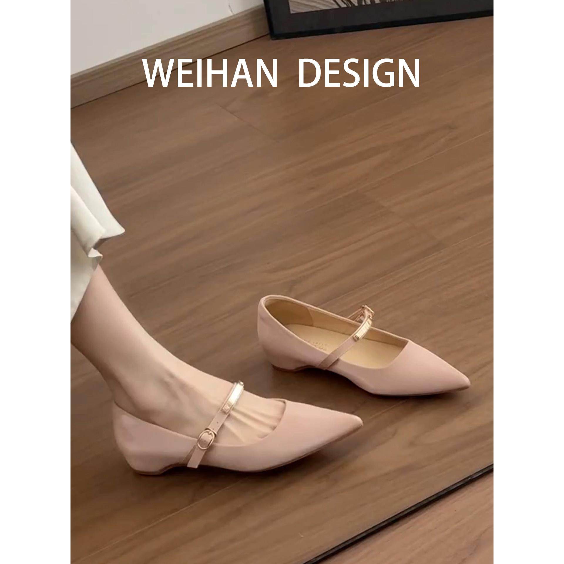 羊皮版！裸色法式尖头玛丽珍鞋女春季温柔一字扣带内增高平底单鞋