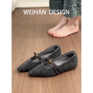 羊皮版！复古尖头内增高玛丽珍鞋女平底浅口蝴蝶结加绒保暖棉单鞋