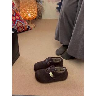 羊皮版~厚底内增高圆头勃肯棉鞋复古毛呢加绒玛丽珍单鞋女毛毛鞋