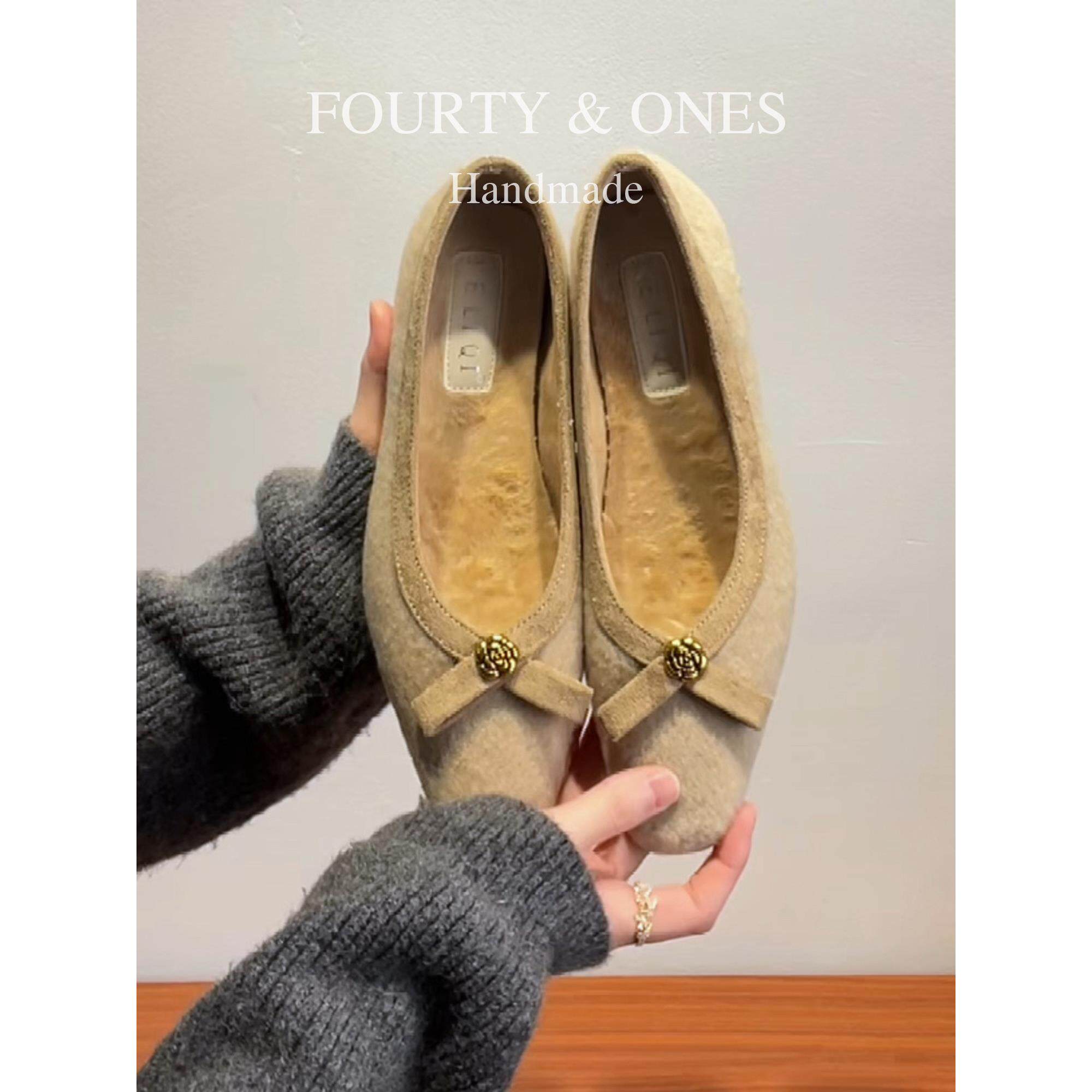 羊毛版~法式方头浅口毛呢单鞋女蝴蝶结金属花玛丽珍鞋绒面毛毛鞋