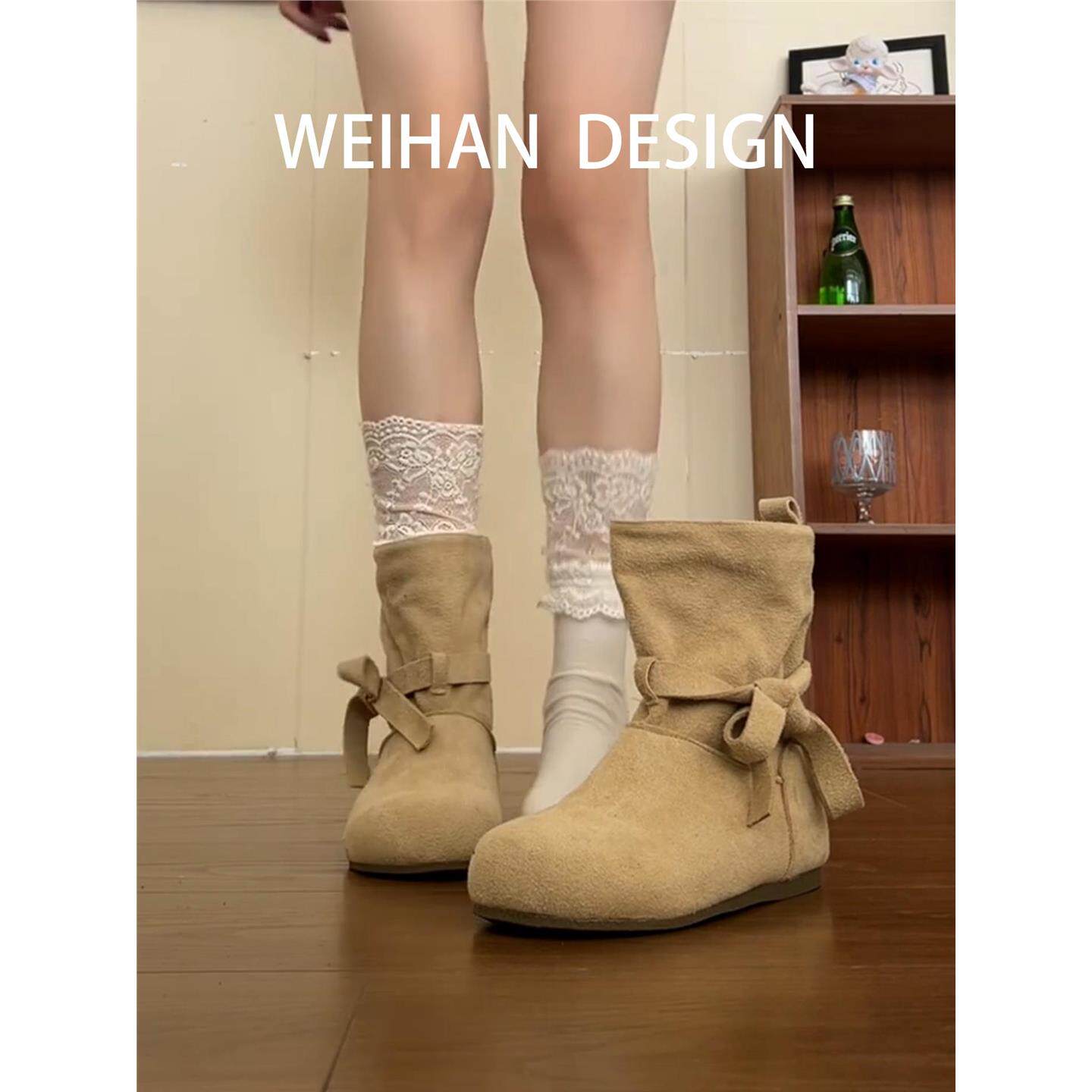 羊皮版！复古磨砂蝴蝶结勃肯短靴女内增高配裙子短筒靴秋冬马丁靴