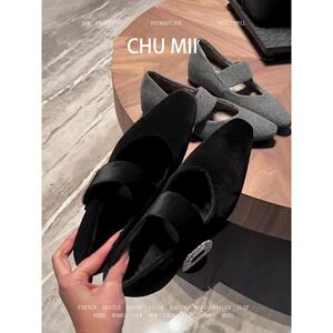 羊皮版~法式方扣水钻单鞋女气质丝绒玛丽珍鞋内增高小方头高跟鞋