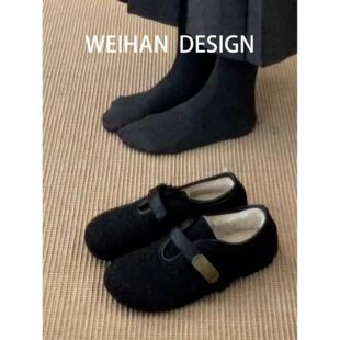 羊皮版！韩版厚底毛呢加绒勃肯鞋女秋冬款百搭金属扣玛丽珍豆豆鞋