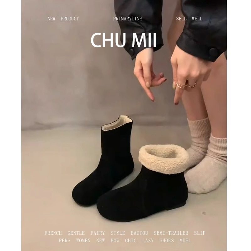 羊皮版~真皮复古加绒雪地靴女圆头丑萌平底勃肯靴两穿黑色短靴