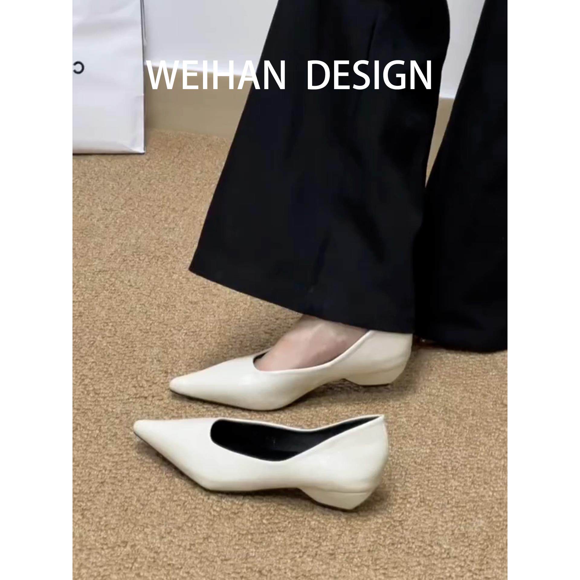 羊皮版！法式粗跟尖头单鞋女浅口通勤复古软皮低跟一脚蹬百搭瓢鞋