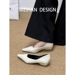 羊皮版！法式粗跟尖头单鞋女浅口通勤复古软皮低跟一脚蹬百搭瓢鞋