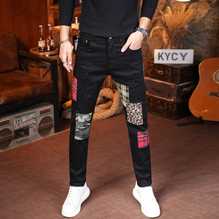 破洞牛仔裤男秋季2025新款黑色修身小脚男士拼接弹力潮流百搭长裤