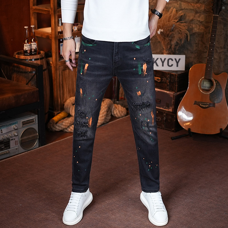 高端黑色牛仔裤男款秋冬2025新款潮流破洞补丁修身小直筒泼墨长裤
